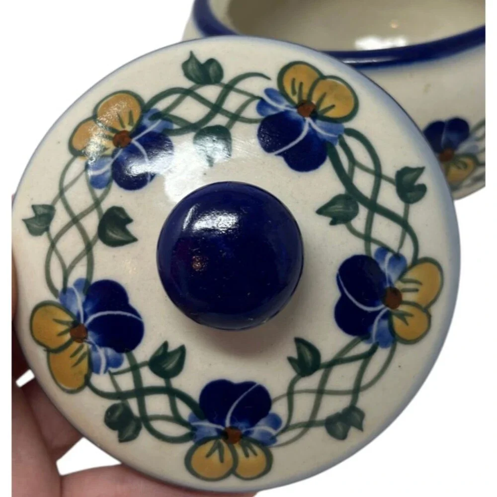 Boleslawiec Sugar Bowl Polish Pottery Unikat Floral Blue Yellow Covered Jar